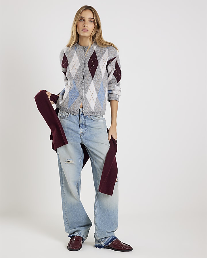 River Island Grey Knitted Argyle Print Cardigan