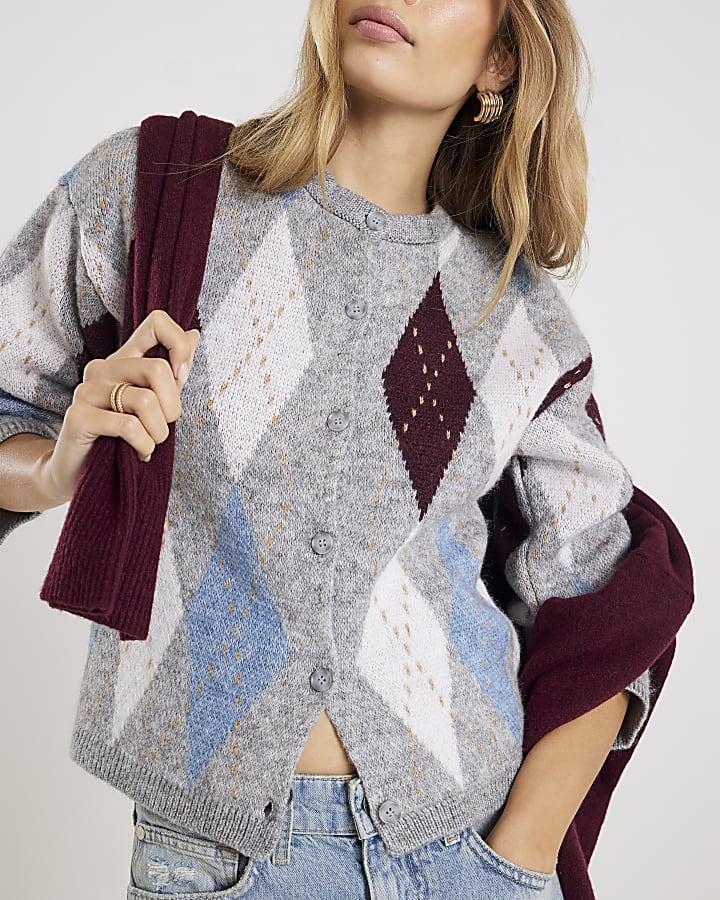 River Island Grey Knitted Argyle Print Cardigan