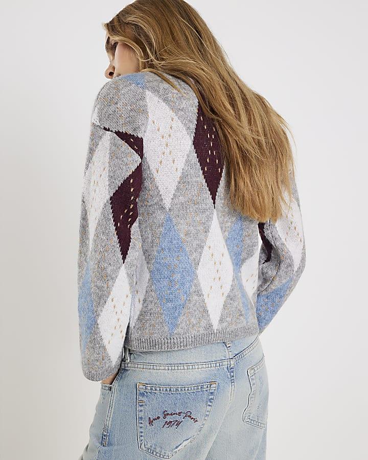 River Island Grey Knitted Argyle Print Cardigan
