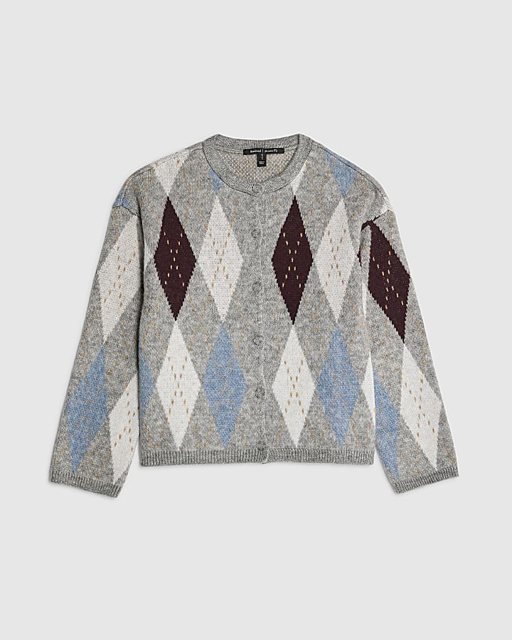 river island Grey Knitted Argyle Print Cardigan