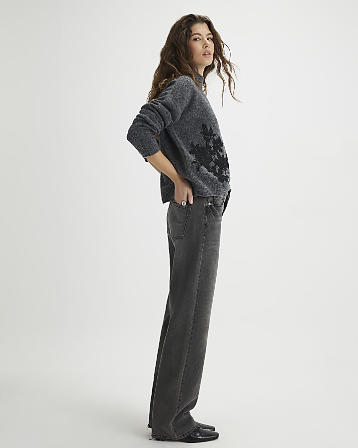 River Island Grey Knitted Floral Applique Jumper