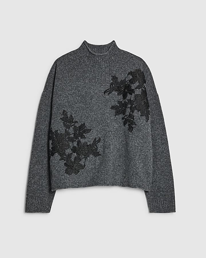 river island Grey Knitted Floral Applique Jumper