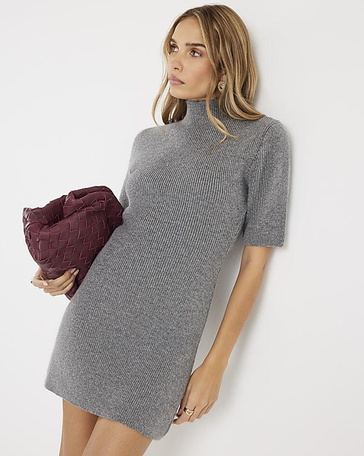 River Island Grey Knitted High Neck Mini Dress