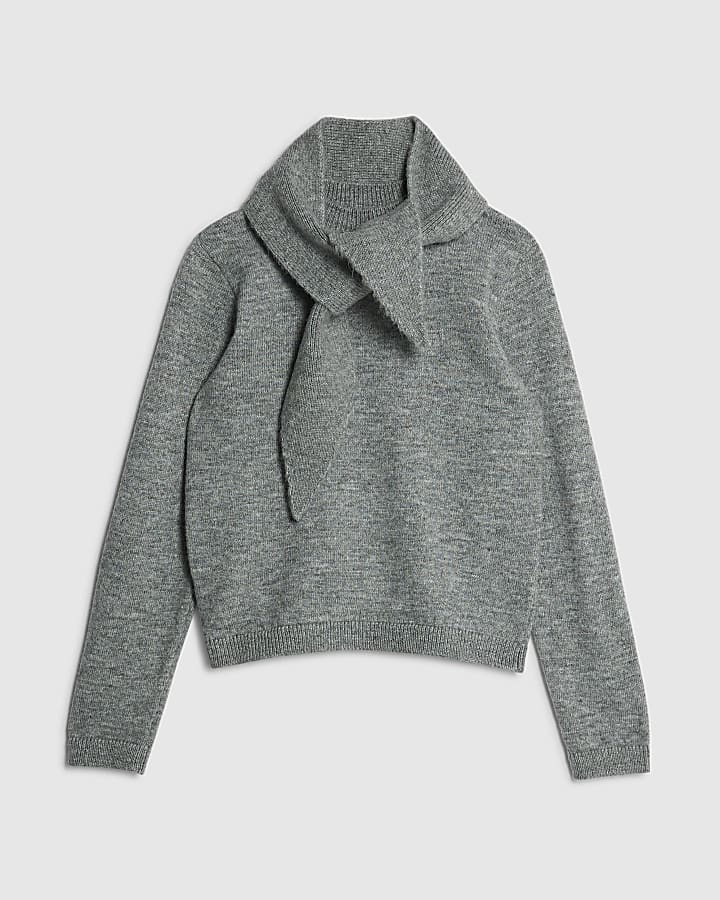river island Grey Knitted Scarf Neck Jumper