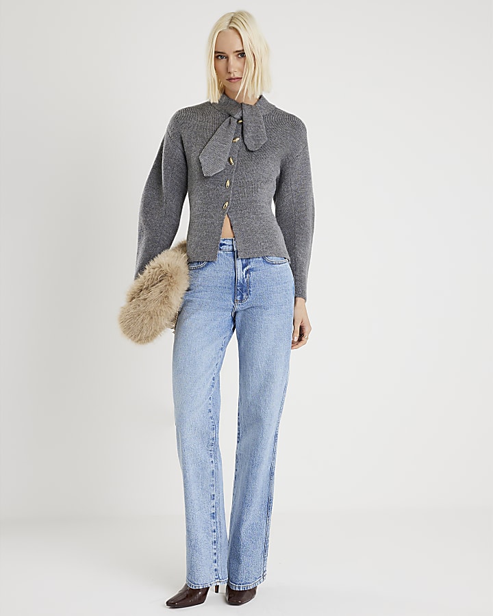River Island Grey Knitted Tie Neck Cardigan