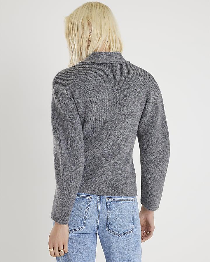 River Island Grey Knitted Tie Neck Cardigan