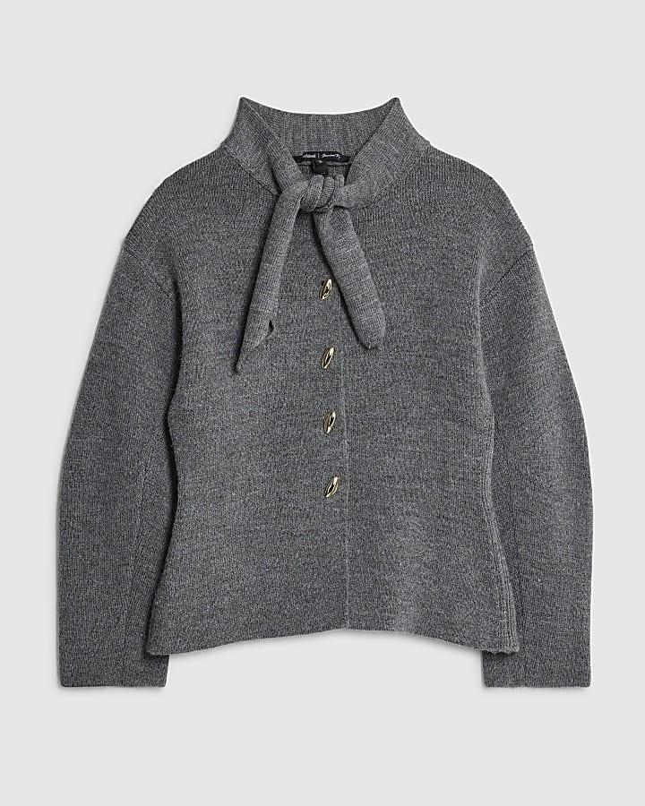 river island Grey Knitted Tie Neck Cardigan