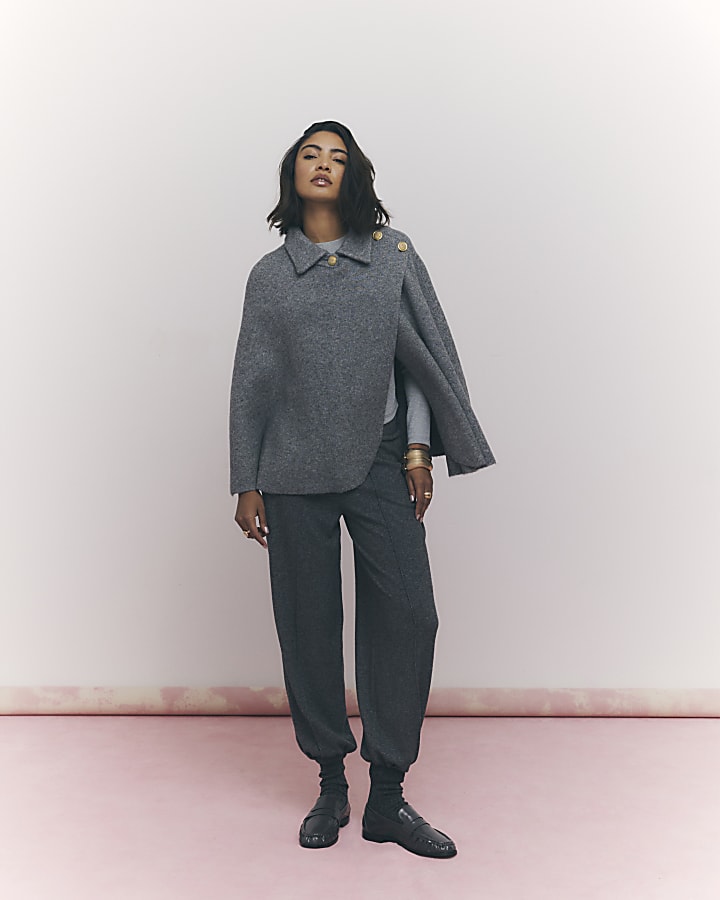 River Island Grey Knitted Wrap Button Cape