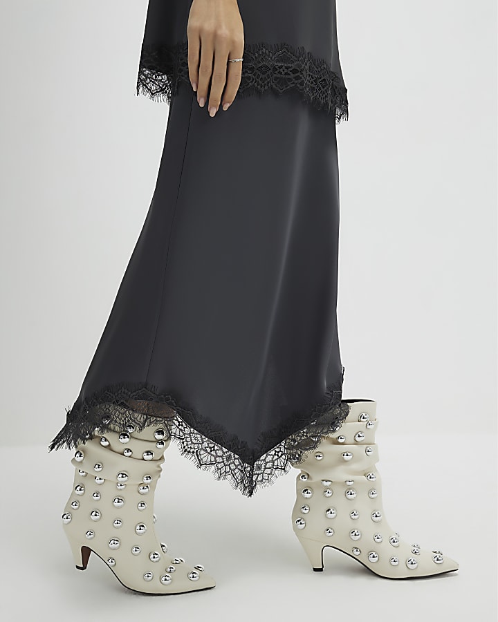 River Island Grey Lace Trim Satin Midi Skirt