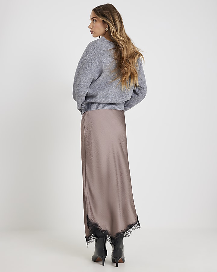 River Island Grey Lace Trim Satin Midi Skirt