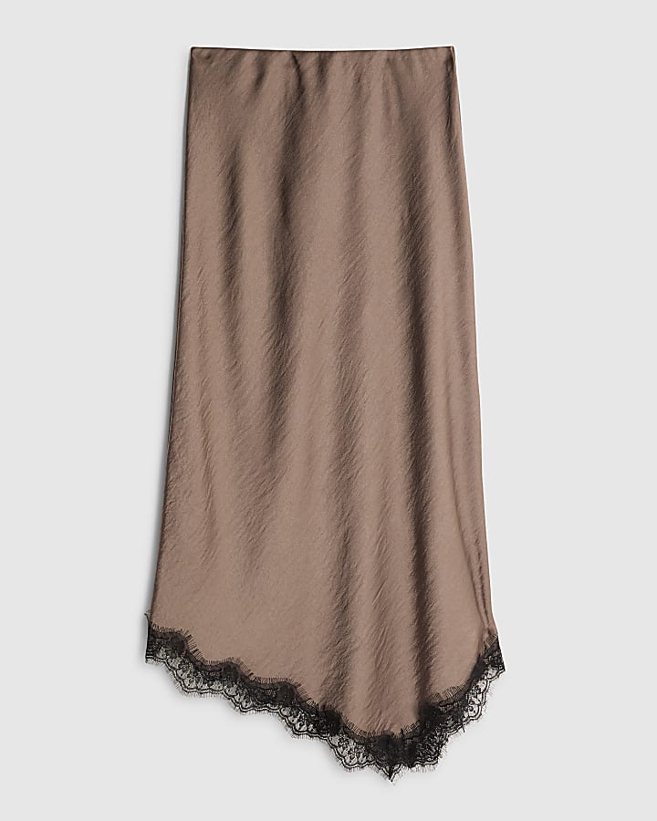 river island Grey Lace Trim Satin Midi Skirt