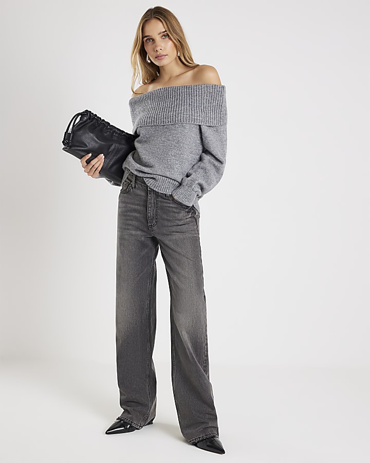 River Island Grey Long Sleeve Bardot Jumper
