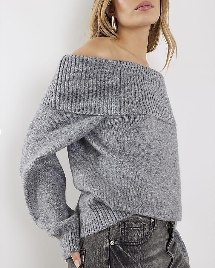 River Island Grey Long Sleeve Bardot Jumper