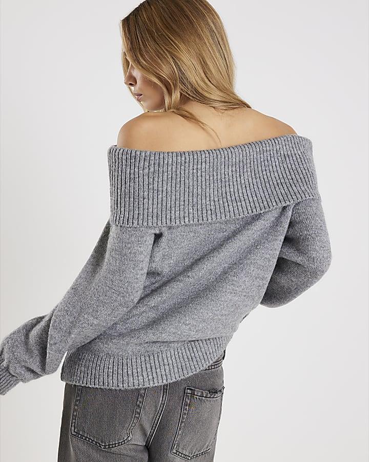 River Island Grey Long Sleeve Bardot Jumper