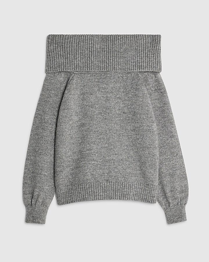 river island Grey Long Sleeve Bardot Jumper