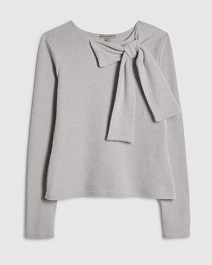 river island Grey Long Sleeve Cosy Bow Top
