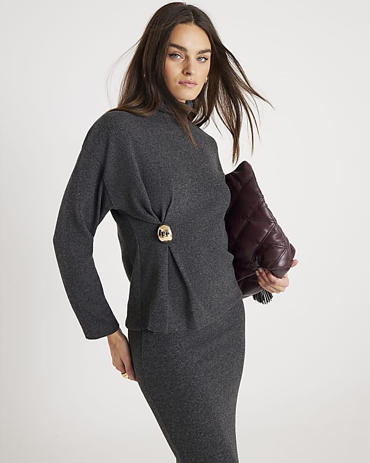 River Island Grey Long Sleeve Cosy Gold Detail Top