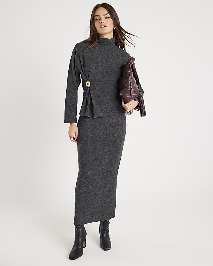 River Island Grey Long Sleeve Cosy Gold Detail Top