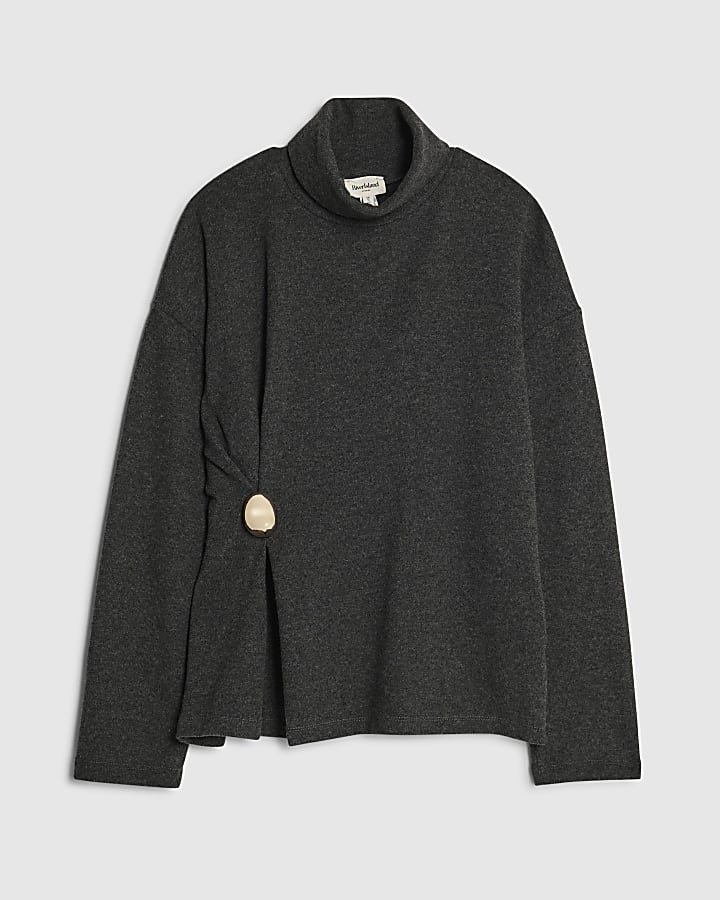 river island Grey Long Sleeve Cosy Gold Detail Top