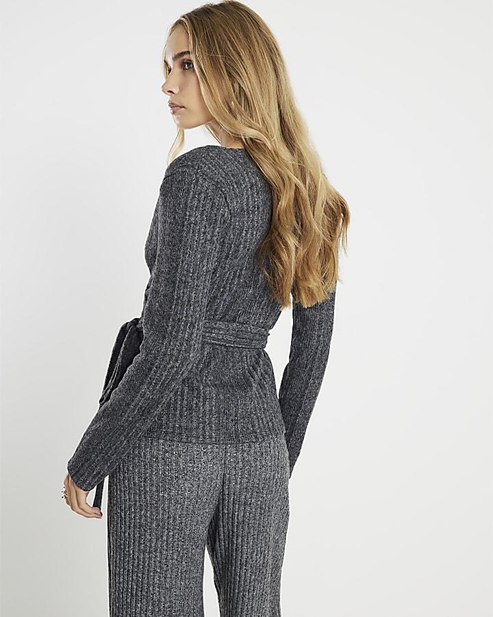 River Island Grey Long Sleeve Cosy Ribbed Wrap Top