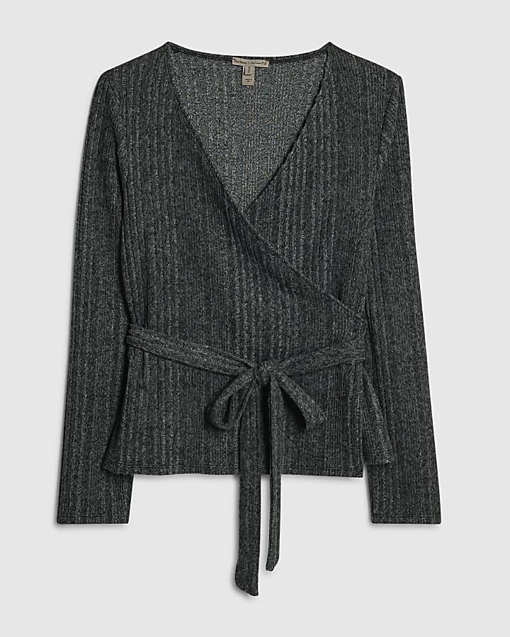 river island Grey Long Sleeve Cosy Ribbed Wrap Top