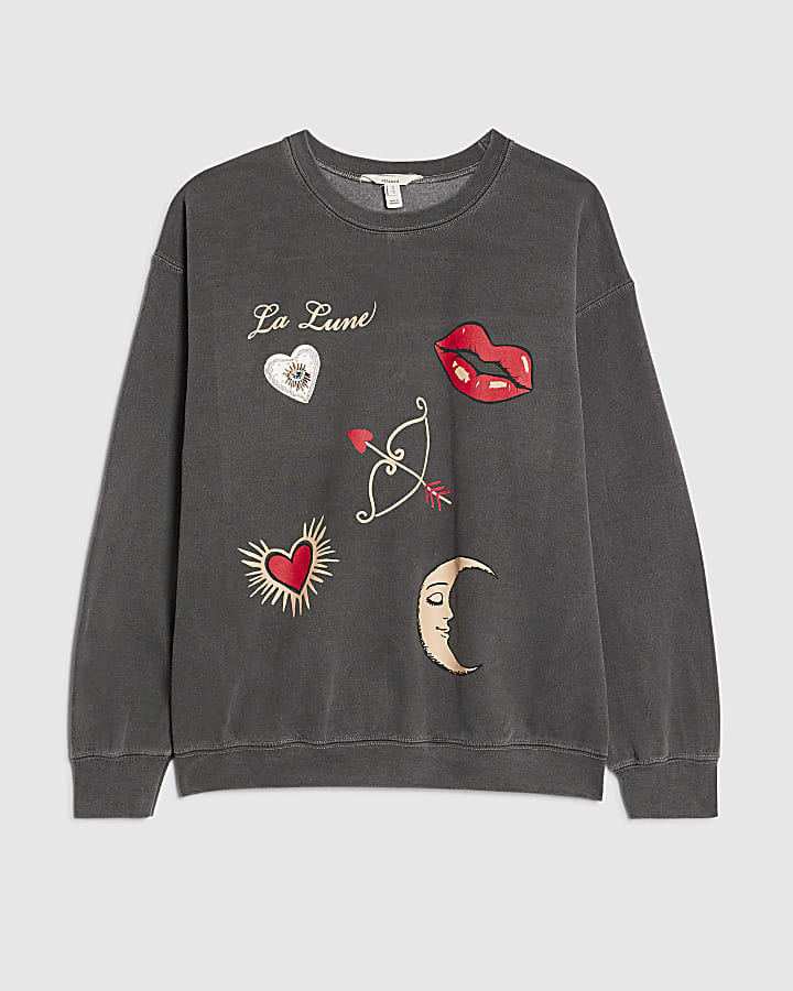 river island Grey Long Sleeve La Lune Sweatshirt