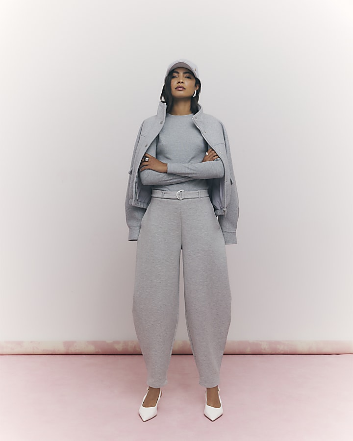 River Island Grey Long Sleeve Ribbed Crew Neck Top