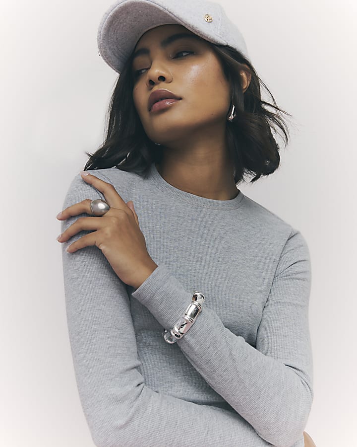 River Island Grey Long Sleeve Ribbed Crew Neck Top