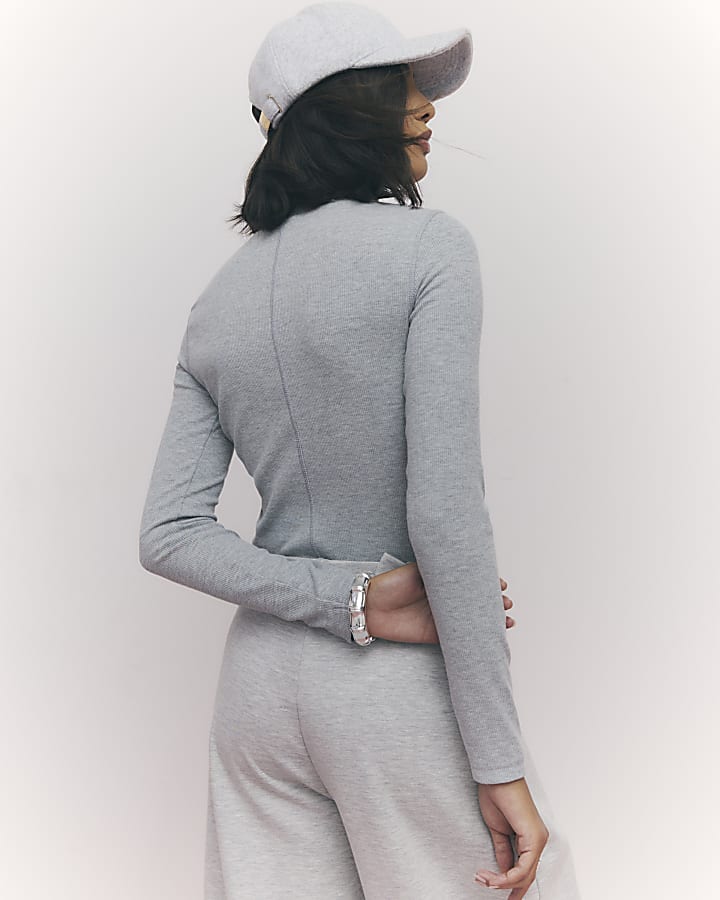 River Island Grey Long Sleeve Ribbed Crew Neck Top