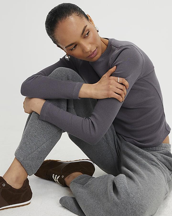 River Island Grey Long Sleeve Ribbed Crew Neck Top