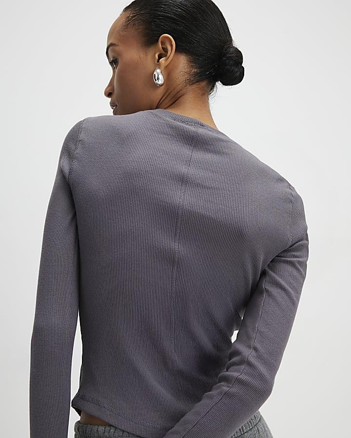River Island Grey Long Sleeve Ribbed Crew Neck Top
