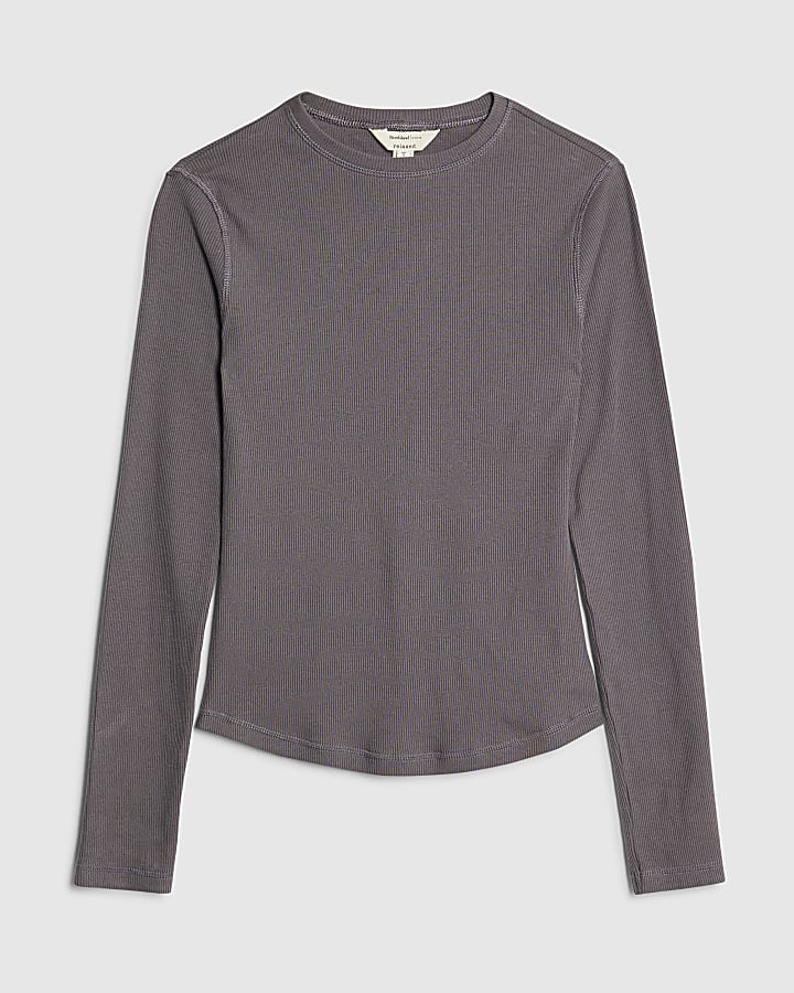 river island Grey Long Sleeve Ribbed Crew Neck Top