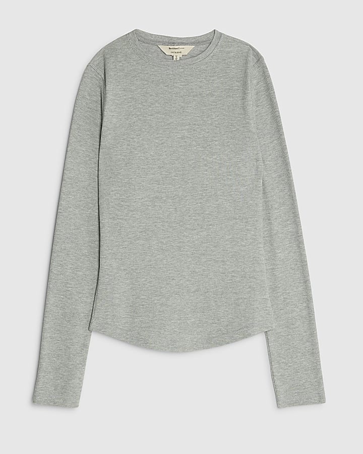 river island Grey Long Sleeve Ribbed Crew Neck Top