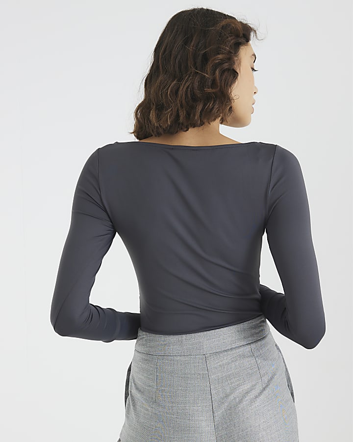 River Island Grey Long Sleeve Ruched Drape Top