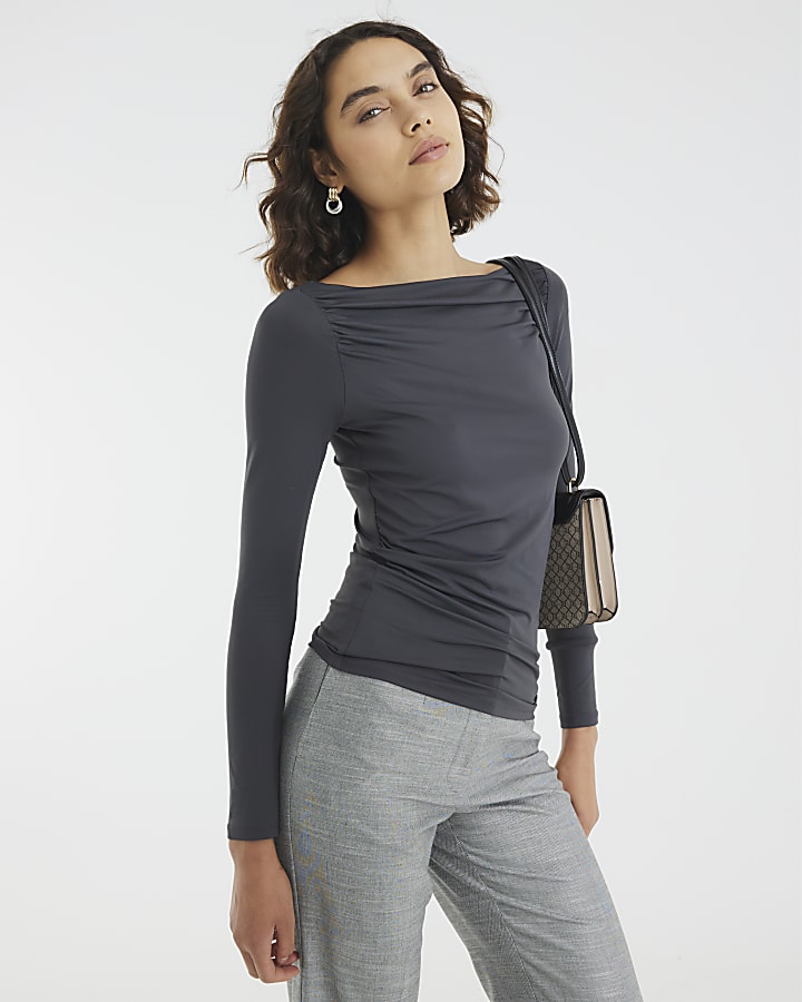 River Island Grey Long Sleeve Ruched Drape Top