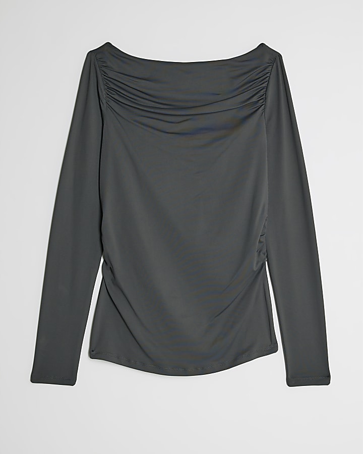 river island Grey Long Sleeve Ruched Drape Top