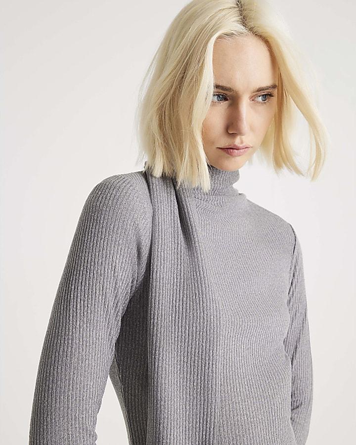 River Island Grey Long Sleeve Scarf Tie Neck Dress