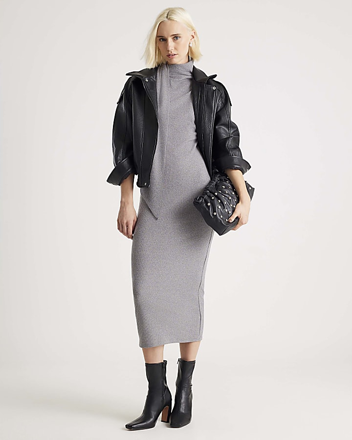River Island Grey Long Sleeve Scarf Tie Neck Dress
