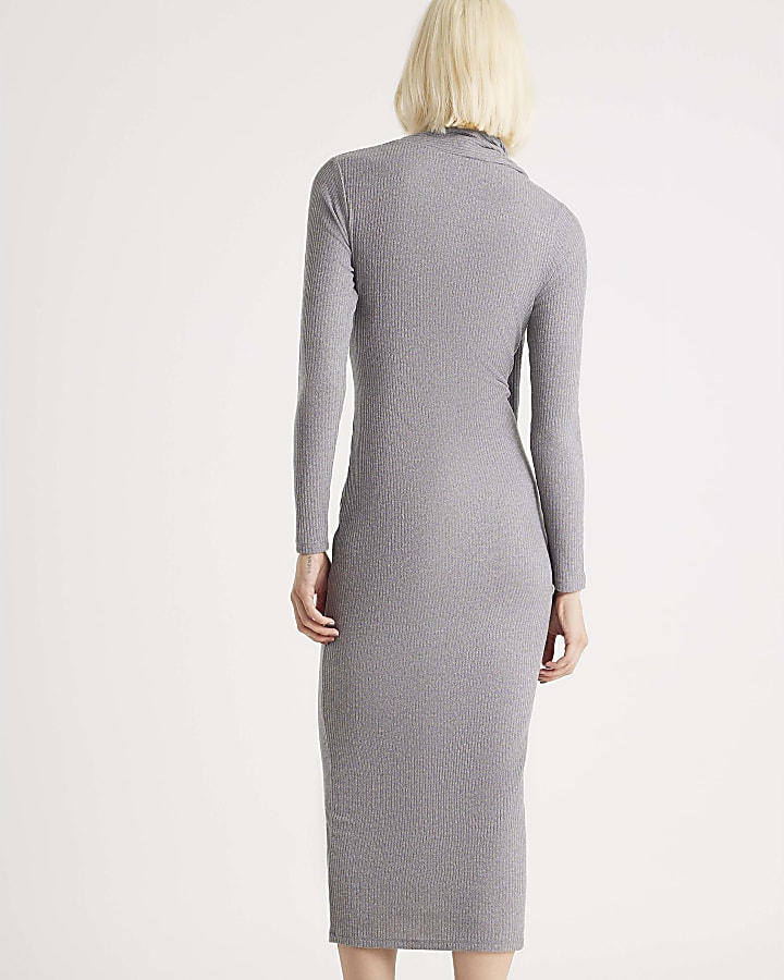River Island Grey Long Sleeve Scarf Tie Neck Dress