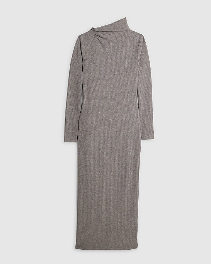 river island Grey Long Sleeve Scarf Tie Neck Dress