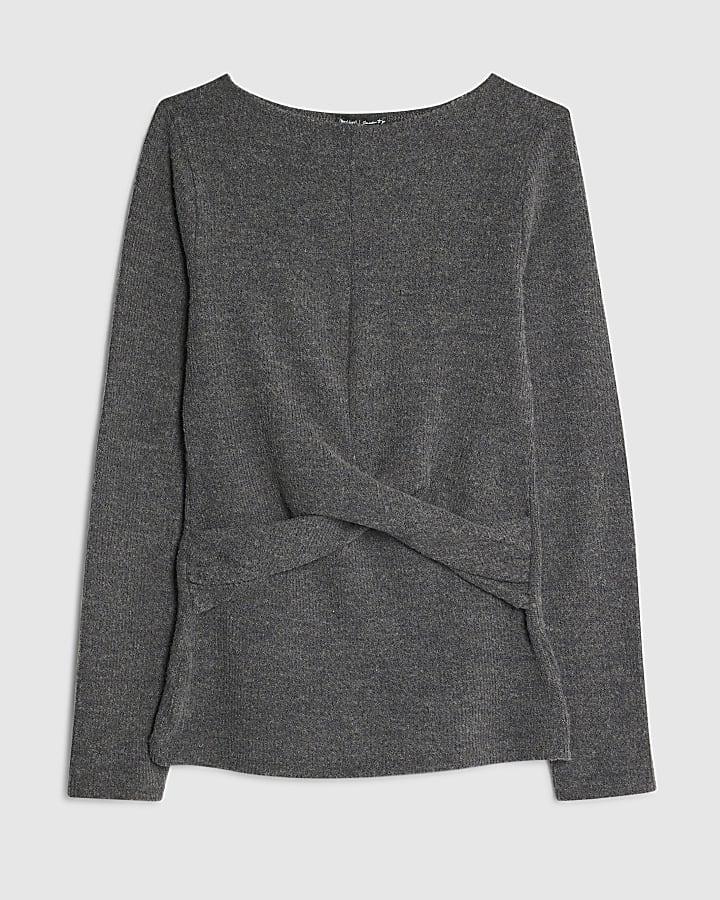 river island Grey Long Sleeve Twist Front Cosy Top