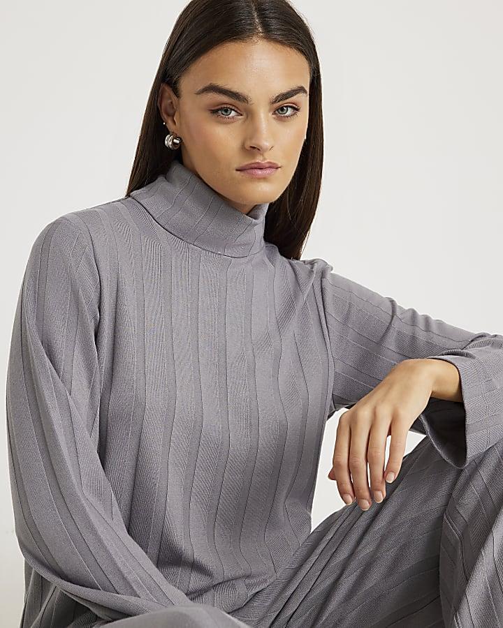 River Island Grey Long Sleeve Wide Ribbed Top