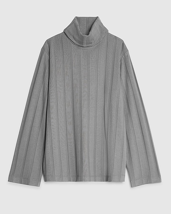 river island Grey Long Sleeve Wide Ribbed Top