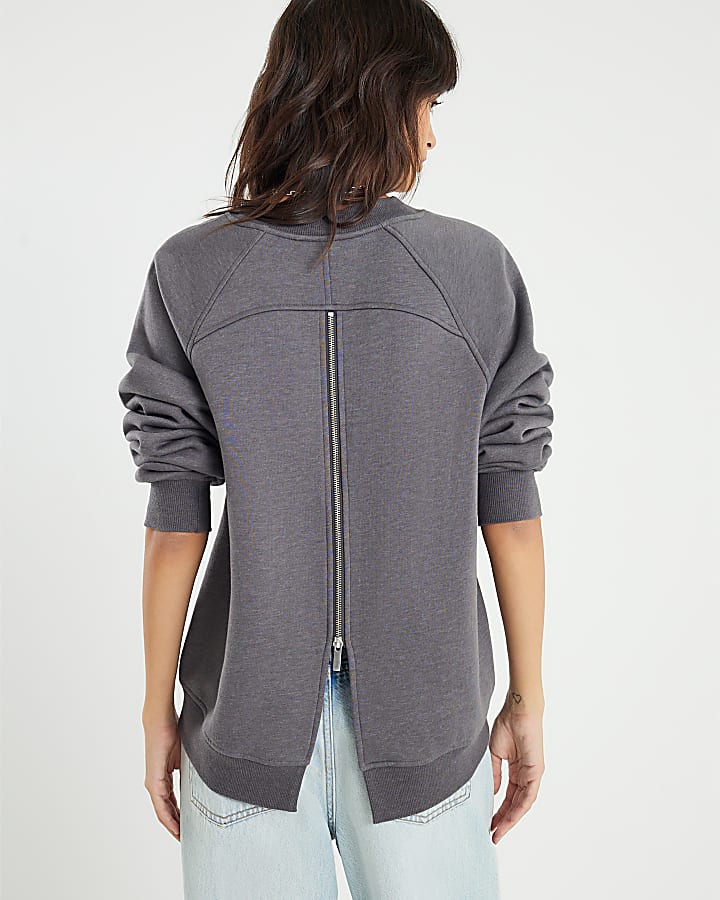 River Island Grey Long Sleeve Zip Back Sweatshirt