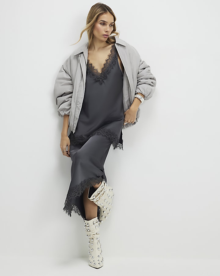 River Island Grey Longline Lace Cami Top