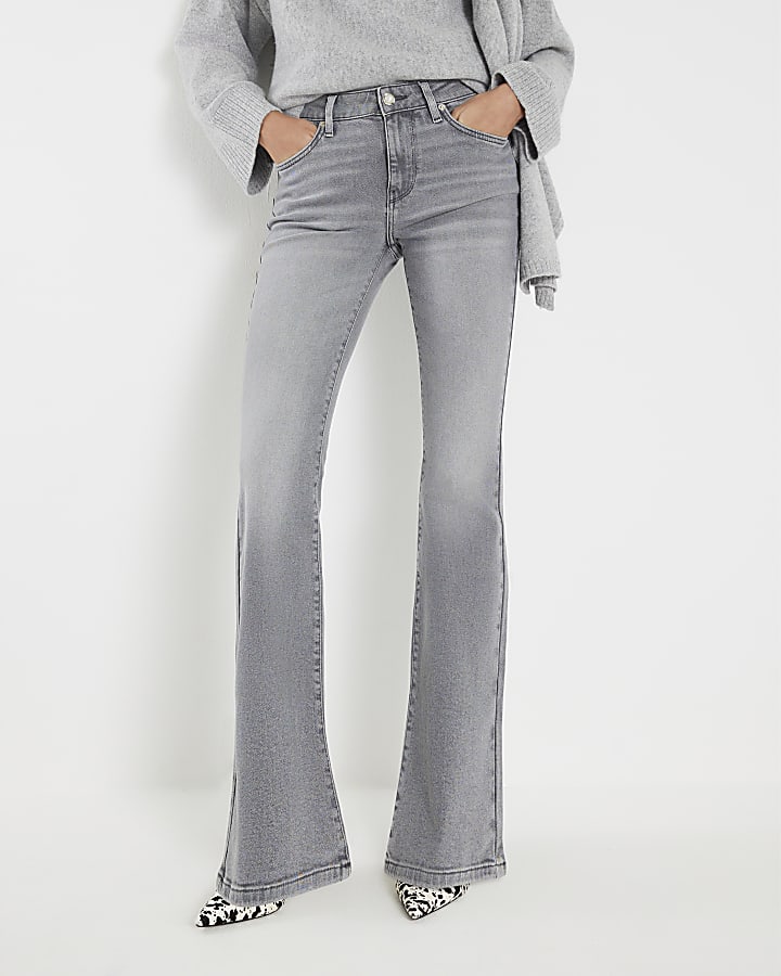 River Island Grey Mid Rise Flared Jeans