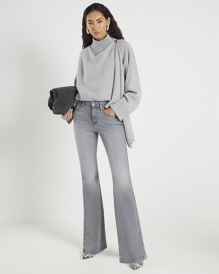 River Island Grey Mid Rise Flared Jeans