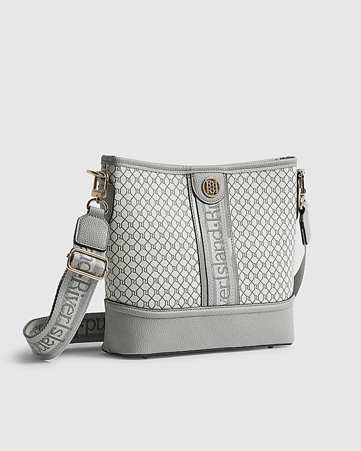 River Island Grey Monogram Webbed Front Bucket Bag