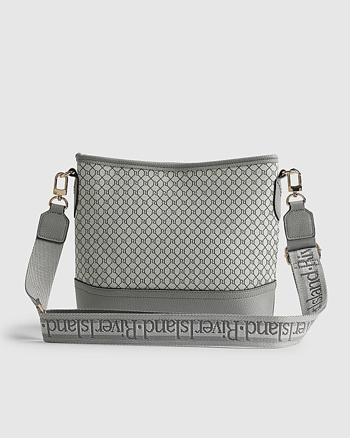 River Island Grey Monogram Webbed Front Bucket Bag
