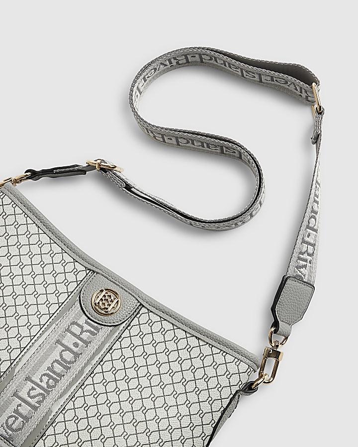 River Island Grey Monogram Webbed Front Bucket Bag